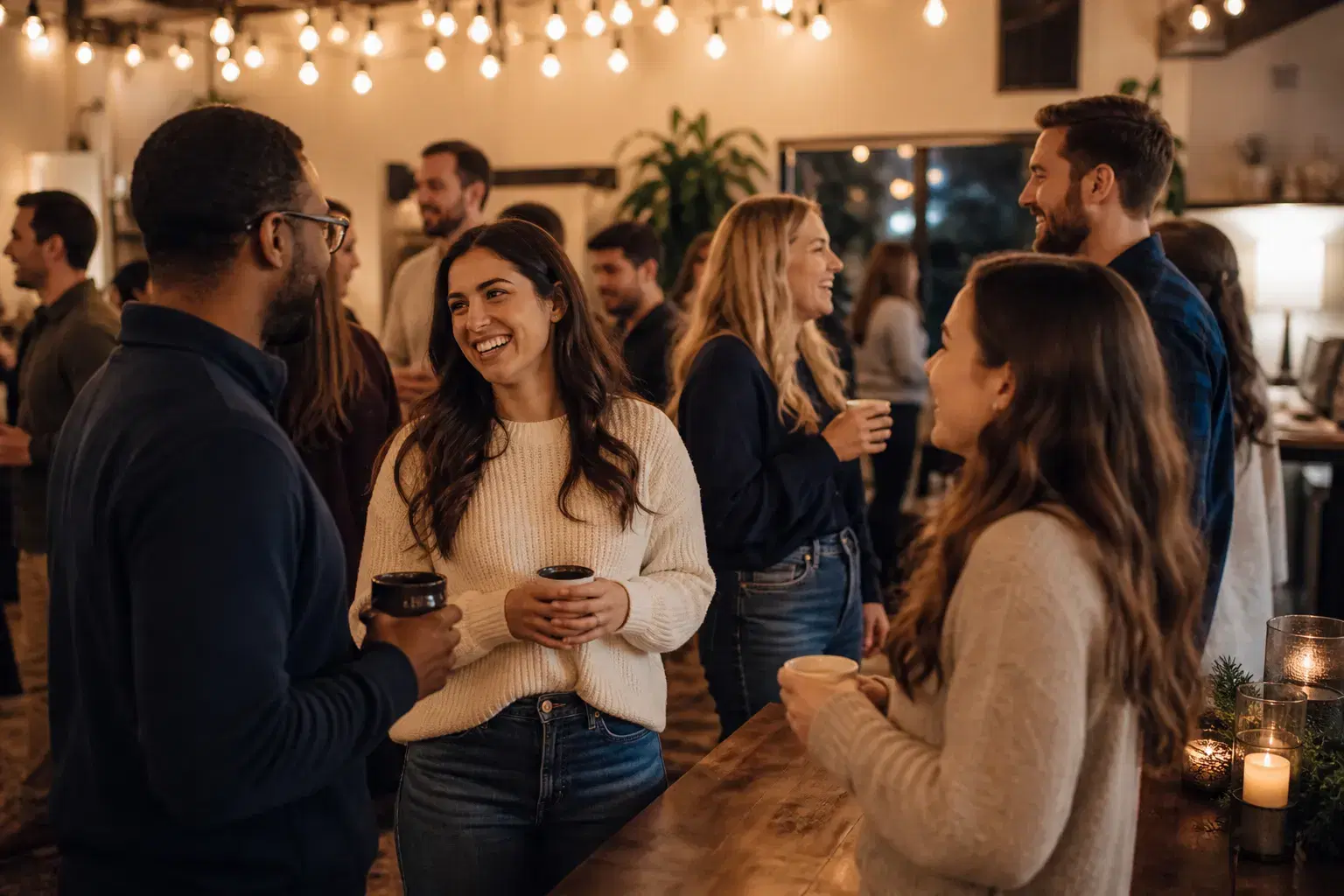 Christian singles laughing and talking over coffee at a hosted Kingdom Singles event